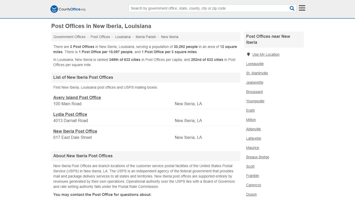 Post Offices - New Iberia, LA (Mail Services & PO Boxes) - County Office